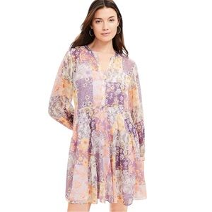 LOFT Floral Godet Split Neck Swing Dress Purple Large NWT